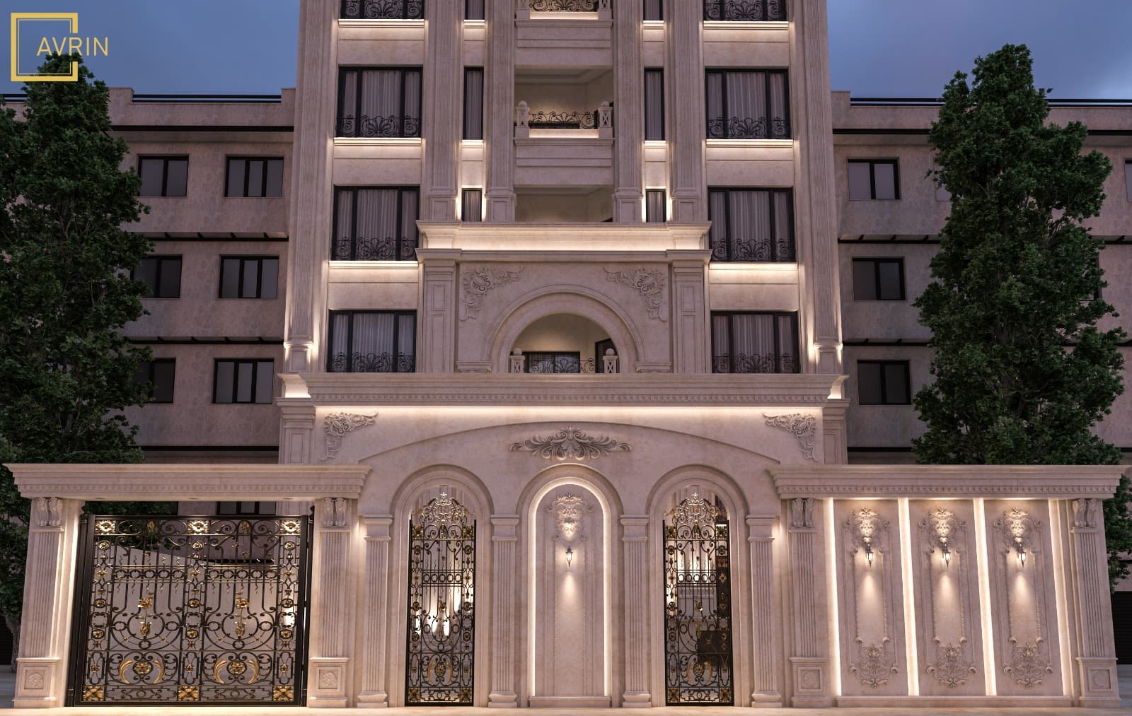 Modern skyscraper construction site with tower cranes against sunset